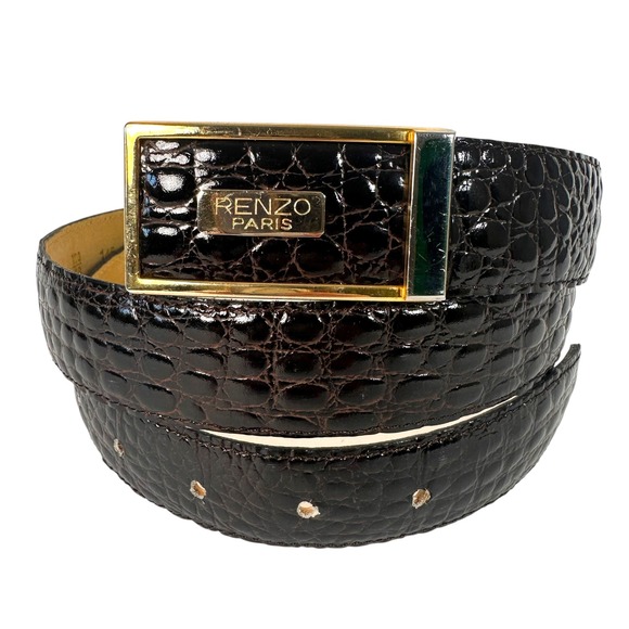 Renzo Paris Mens Belt US 36-38 Croc Embossed Calfskin Black Gold Buckle France